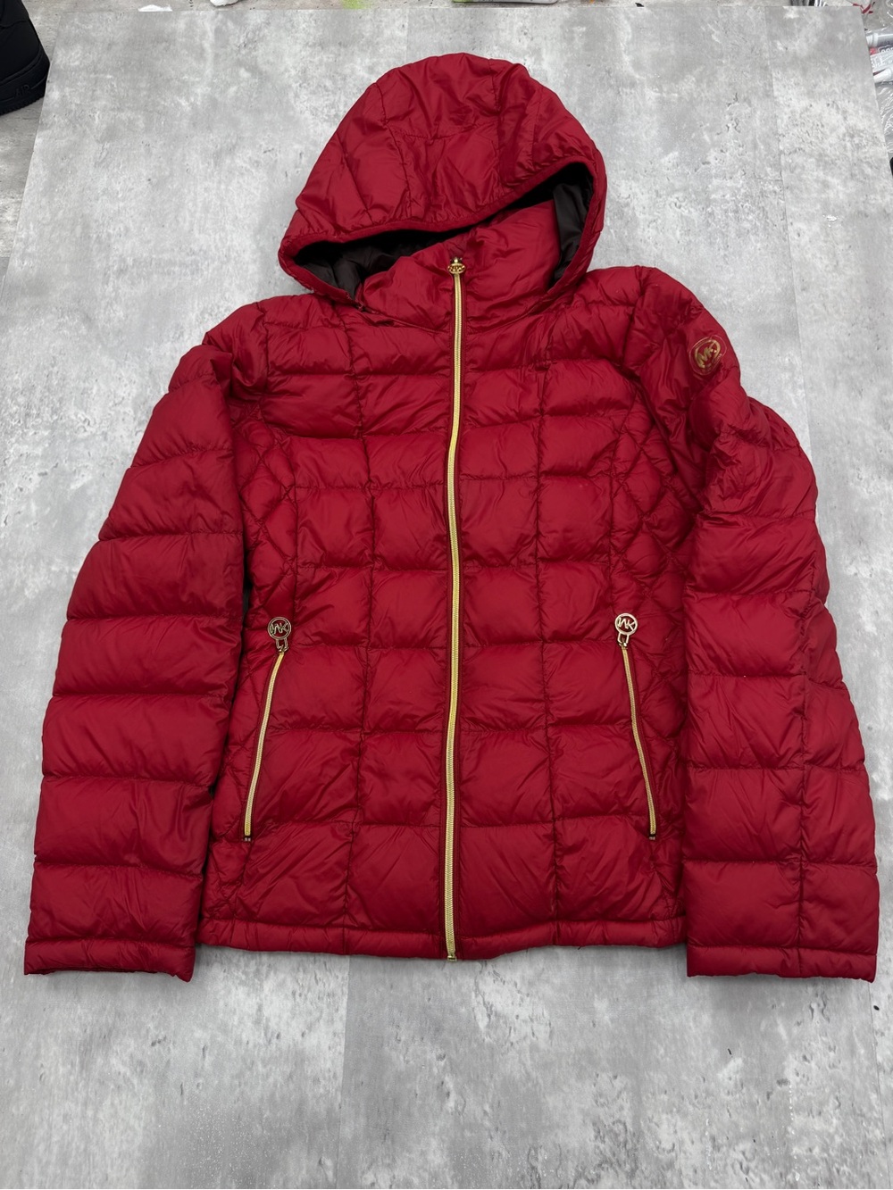 Michael Kors Red Quilted Hooded Puffer Jacket with Gold Zipper